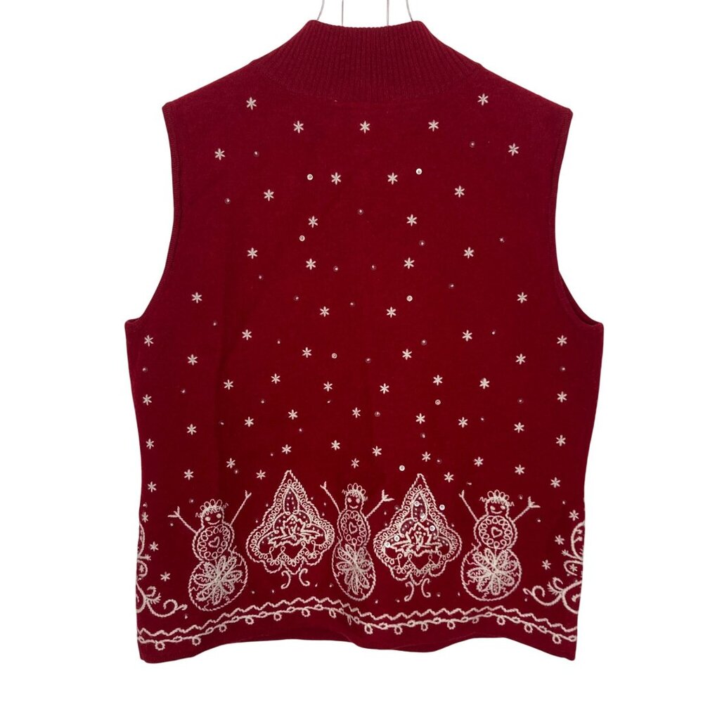 Talbots Red Wool Embroidered Holiday Vest Small Snowflake Snowman Full Zip XMas - Picture 6 of 6
